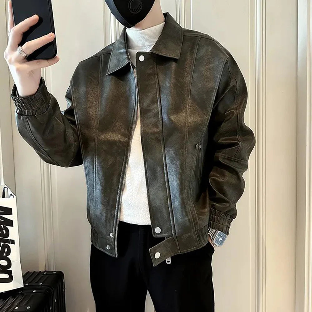 Bonsir Y2k Mens Leather Jacket Zipper Pocket Solid Color Leather Jacket Autumn Casual Slim Fit Thick Top Men's Clothing Unisex