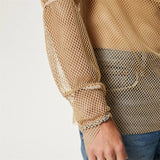 Bonsir Mens Sexy See-Through Mesh Long-Sleeve Top 2024 New Genderless Nightclub Individuality Irregular Thin Low-Cut T-Shirt Unisex