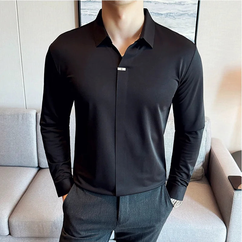 Bonsir High Elastic V-neck Non-marking POLO Shirt Autumn New Long sleeved Casual Business Solid Color T-shirt Men's Clothing