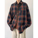 BONSIR  -  American retro white navy plaid shirt men's autumn tide brand sanding shirt coat loose casual shirt