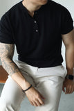 BONSIR  -  New Fashion American Style Men T-shirt Light Luxury Knitted Henry Collar Tees Casual Solid Color Short Sleeve Breathable Tops