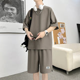 BONSIR  -  Summer Short Sleeve T-Shirt and Shorts Set Male Solid Color Tracksuits Loose Oversized Men's Waffle Sets Casual Sports Suit