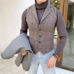 Bonsir Fashion Casual Tooling Vest Formal Herringbone Tweed Brown V Neck Wool Waistcoat Business Vest Groomman for Wedding Prom B18