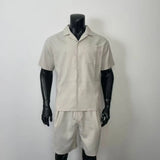 BONSIR  -  Summer New Casual Men's Suits Pocket Design Loose Vintage Turn-down Collar Short Sleeve Shirt and Shorts Men Two Piece Set