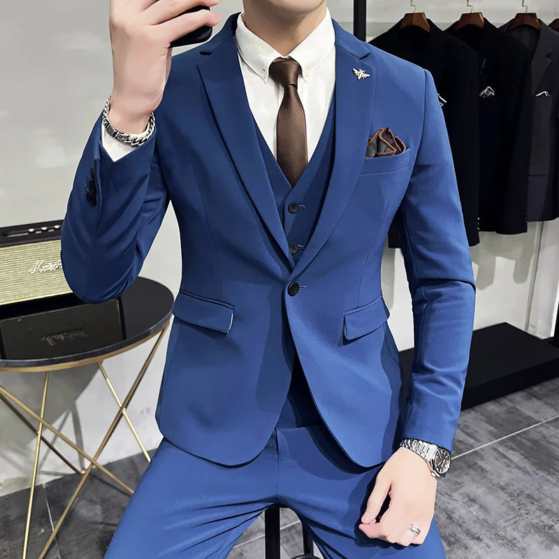 Bonsir (Jacket +Vest+Pants) New Mens Wedding Suits Groom Solid Color Formal Office Business Slim Fit Suit Tuxedos 3-Pieces Set