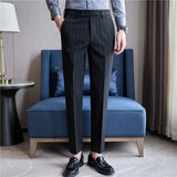 Bonsir England Style Men's Casual Striped Suit Pants Stretch Business Casual Long Slim Fit Trousers Black Blue Pencil Pants for Man