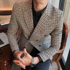 Bonsir British Style Mens Slim Fit Houndstooth Blazer Men New Simple Double Breasted Business Office Wedding Dress Suit Jacket