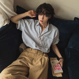 BONSIR  -  Japanese retro striped short-sleeved shirt men's summer loose casual shirt Korean version trendy lapel top