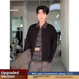 BONSIR  -  American Retro Spliced Knitted irt Collar Cardigan for Men Early Autumn Casual Sle Stand Fit Long Sve Plaid Pattern