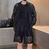 BONSIR  -  Mens Hollow Ballroom Sets Shirt Summer Nightclub Performance Niche Personality Outer Shorts Two Sets Men'S Clothing 2025 New