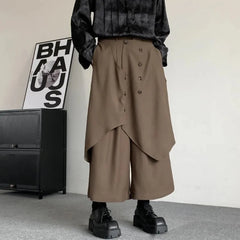 Bonsir Japanese Gothic Dark Style Pants Skirt Irregular Layered Pants Hakama Autumn Fashion Streetwear All-Match Samurai Pants Unisex