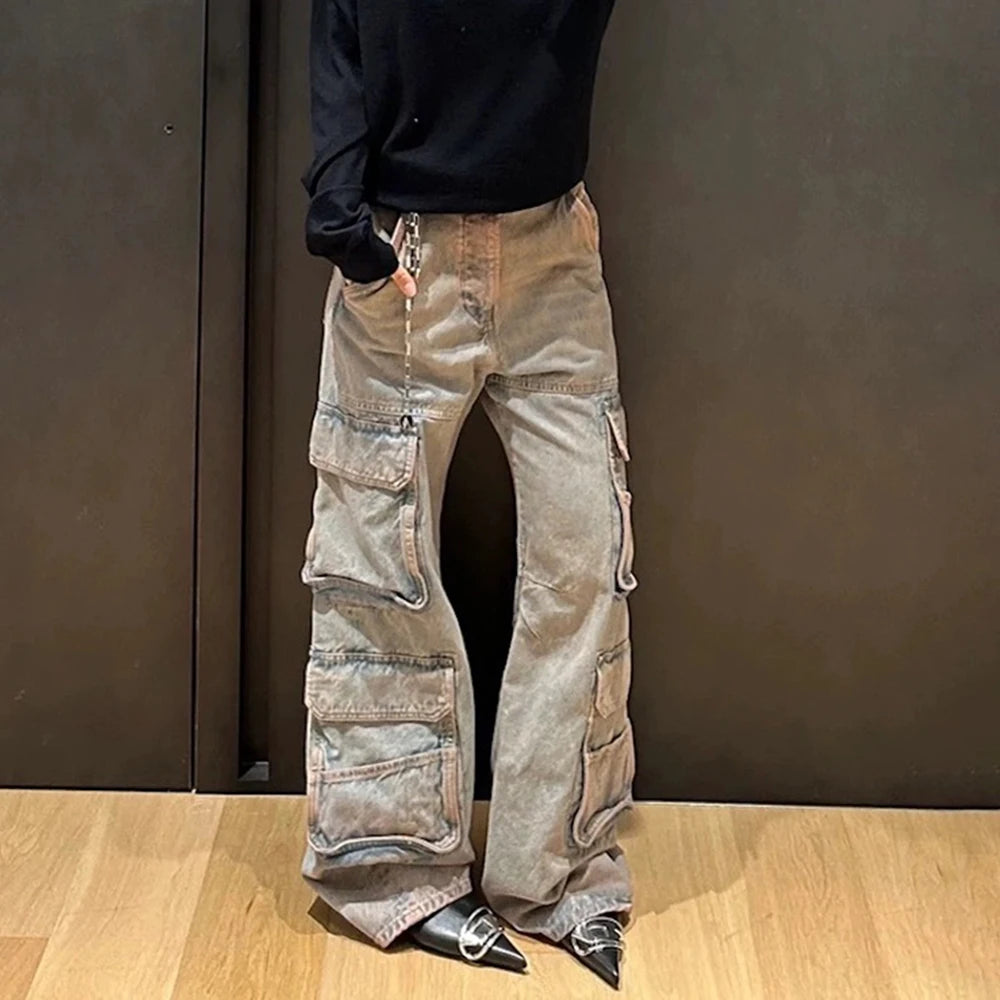 Bonsir Harajuku Side Multi-pockets Washed Baggy Jeans Pants for Men and Women Straight Vintage Casual Denim Trousers Y2k Loose Cargos