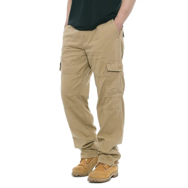 Bonsir Cargo Brown Pants Men Loose Overalls Men's Outdoor Military Tactical Pant Elastic Waist Pure Cotton Casual Work Pants Trousers