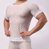 BONSIR  -  Mens Sexy Shaping See-Through Mesh New Nightclub Personalized Tight-Fitting Solid Color Home Pajamas T-Shirt For Men