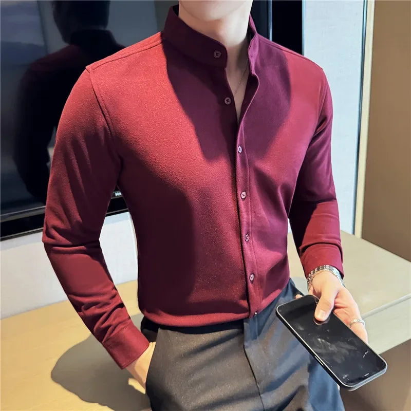 Bonsir Autumn Winter Thickened Woolen Warm Stand-up Collar Shirt High Quality Men Business Slim Fit Casual Shirt Men's Clothing 4XL-M