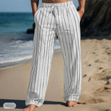 BONSIR  -  Daily Leisure Mens Loose Straight Trousers Vintage Drawstring Striped Linen Pants Men Summer Outdoor Casual Breathable Trousers