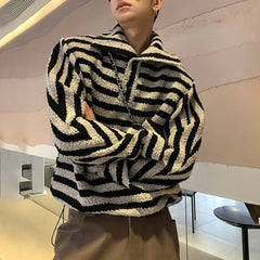 Bonsir Autumn And Winter Striped Color-Blocked Sweater Lazy Style Short Lapel Sweatshirt Unisex Loose Casual Long-Sleeved Top