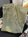 Bonsir Spring Men and Women Trendy Street Personalized Washed Straight leg Jeans Couple Loose Wide Leg Floor Raging Casual Pants