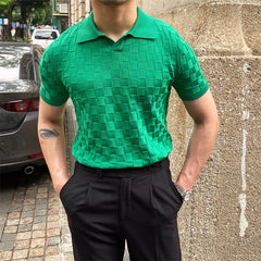 Bonsir Summer Plaid Knitted Polo Shirts Men Short Sleeve V-Neck Knitted Lapel Tee Tops Elasticity Slim Casual Business Social Polo