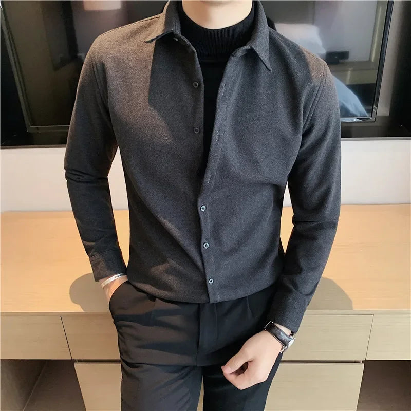 Bonsir Autumn Winter New Fashion Fake 2 Pieces Shirts Men Woolen Thicken Long Sleeve Slim Casual Shirt Formal Social Warm Blouses