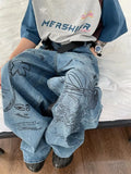 BONSIR  -  American street graffiti wide-leg pants jeans men's loose and versatile oversize vintage casual pants