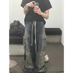 Bonsir Y2k hip-hop loose straight leg wide leg men and women summer high-end retro washed gray blue denim workwear casual pants