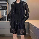 BONSIR  -  Mens Hollow Ballroom Sets Shirt Summer Nightclub Performance Niche Personality Outer Shorts Two Sets Men'S Clothing 2025 New