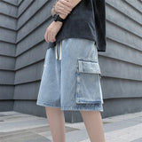 BONSIR  -  Summer New Baggy Denim Shorts Men's Pocket Jeans Elastic Waist Casual Blue High Street Drawstring Short Pants Streetwear
