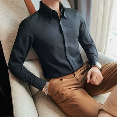 Bonsir Autumn High-End Solid Concealed Button Shirts Men Big Collar Design Long Sleeve Slim Business Casual Social Tuxedo Shirt