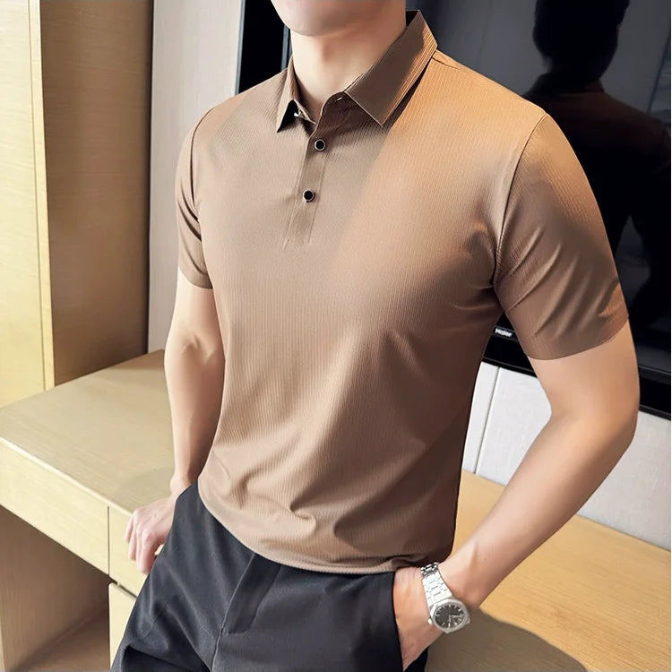 Bonsir Summer Ice Silk Seamless Polo Shirts For Men High Elasticity Thin Dark Stripes Solid Casual Slim Fit Short Sleeved T-shirt