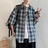 BONSIR  -  Y2k Streetwear Plaid Men Shirts Summer Fashion Chemise Homme Fashion Mens Checkered Shirts Short Sleeve Men Blouse