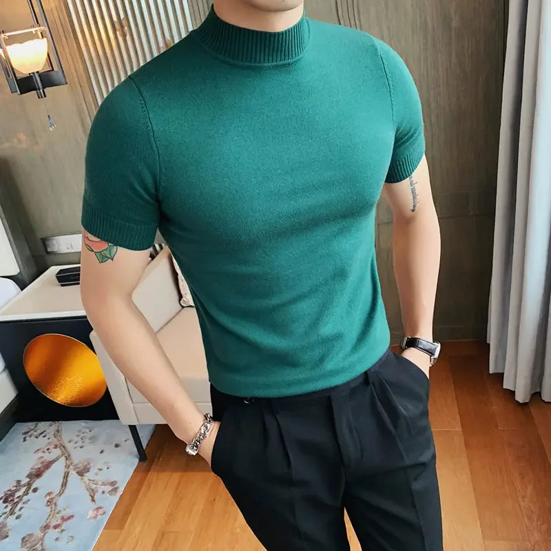 Bonsir Plus Size 4XL-M Autumn Men Half Turtleneck Short Sleeved Knitted Sweater Men Slim Elastic Solid Casual Pullovers Streetwear