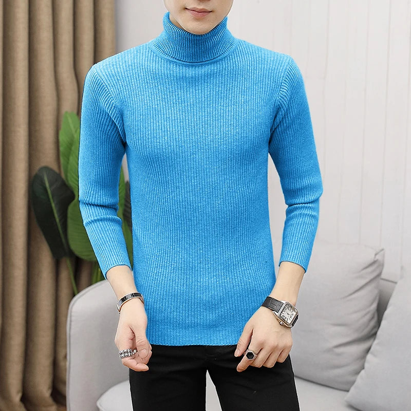 Bonsir Fall/Winter Men's Turtleneck Sweater Fashion Striped Solid Color Warm Knitted Sweater Men Double Collar Slim Fit Sweaters