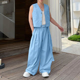 BONSIR  -  Men Sets Solid Color V Neck Sleeveless Vests & Pleated Pants Two Pieces Sets Streetwear Loose 2025 Men's Casual Suits