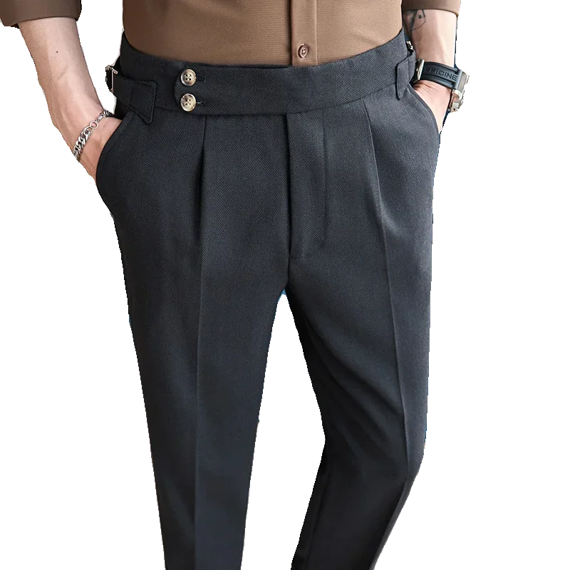 Bonsir British Style Naples Men's High-end Linen Pants High Waist Straight Slim Fit Casual Trousers High Quality Solid Social Suit Pant