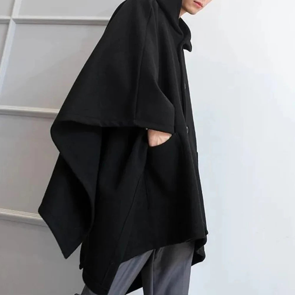 Bonsir Mens Dark Style Mid-Length Casual Hooded Cape Autumn And Winter Genderless Fashion Retro Loose Solid Color Shawl Cape Unisex