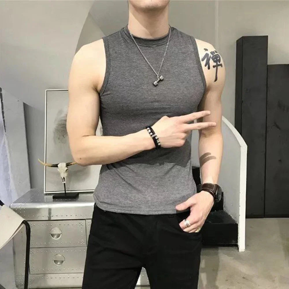 Bonsir Summer Vest Men's Trend Tight Stand Collar Sleeveless Sexy T-shirt Top American Slim Fitness Stretch I-word Vest Bottoming Shirt