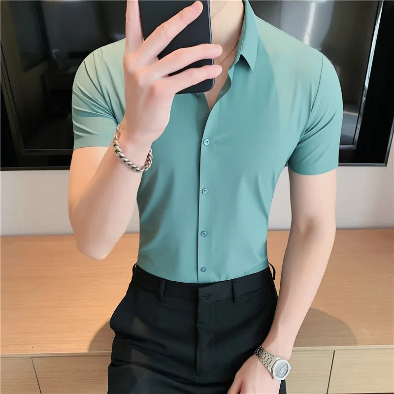 Bonsir 6 Colors Summer Ice Silk No Trace High Elasticity Shirt Men High Quality Short Sleeve Slim Fit Casual Business Dress Shirt 4XL-M