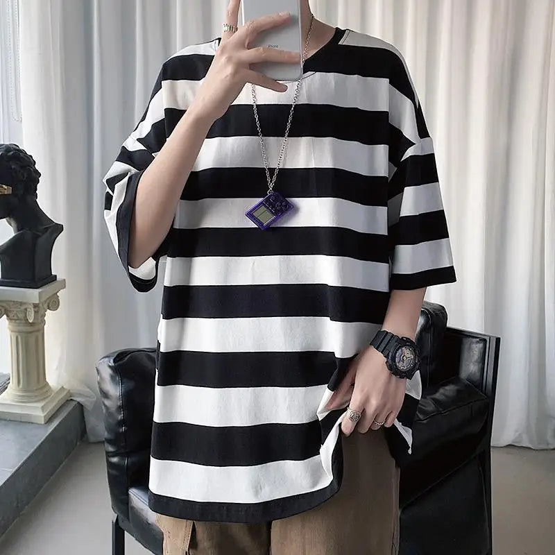 BONSIR  -  Printing Round Neck Spring Summer T-Shirts Simplicity Striped Handsome Short Sleeve Pullovers Loose Streetwear Men's Clothing