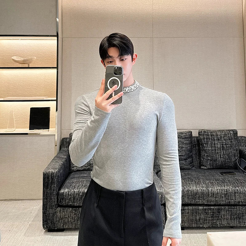 Bonsir Autumn Winter Design Korean New Chic Male T-shirt Long Sleeve Stand Collar Versatile Nail Drill Personality Top