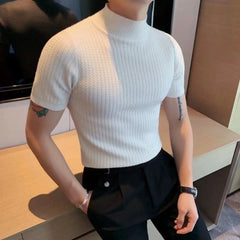 Bonsir Autumn New Short Sleeve Knitted Sweater Men Tops Clothing 2024 All Match Slim Fit Stretch Turtleneck Casual Pull Homme Pullovers