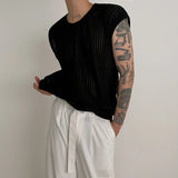 BONSIR  -  Y2K Style Hollow Out Knitted Tank Tops Men Summer New Fashion Streetwear O Neck Sleeveless Knit Vest Leisure Mens Knit Camisoles