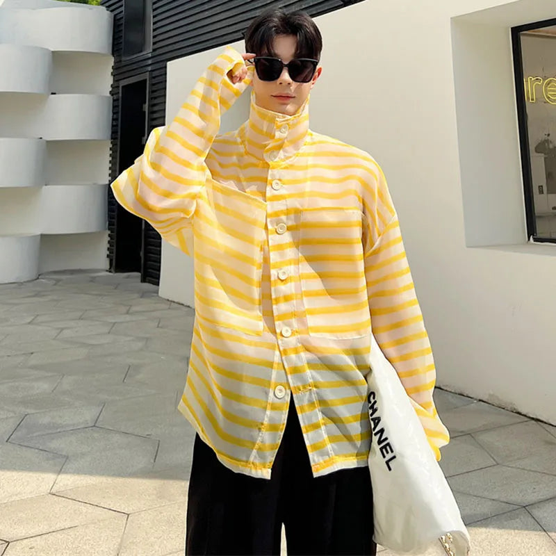 Bonsir 2024 Spring Summer Stylish Loose Stripe Translucent Design Casual Shirt Jacket Men's Sunscreen Clothes Tops Beach