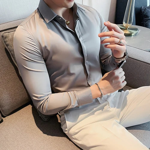 Bonsir 8 Colors High Quality  Men Dress Shirt Autumn Long Sleeve Solid Concealed Placket Shirts Men Business Slim Fit Social Shirt