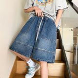 Bonsir Summer New High Street Casual Versatile Denim Capris Elastic Waist Men's Korean Style Loose Wide Leg Large Pocket Shorts