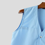 BONSIR  -  Men Sets Solid Color V Neck Sleeveless Vests & Pleated Pants Two Pieces Sets Streetwear Loose 2025 Men's Casual Suits