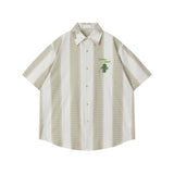 BONSIR  -  Summer Mens Striped Shirts Hip Hop Patchwork Cactus Embroidery Blouses 2025 Harajuku Streetwear Casual Fashion Loose Shirts