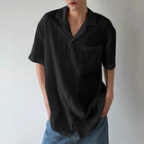 BONSIR  -  Men Shirt Lapel Short Sleeve Summer Loose Casual Tops Streetwear Shirts 2025 Patchwork See Through Stylish Men Clothing