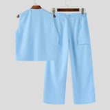 BONSIR  -  Men Sets Solid Color V Neck Sleeveless Vests & Pleated Pants Two Pieces Sets Streetwear Loose 2025 Men's Casual Suits