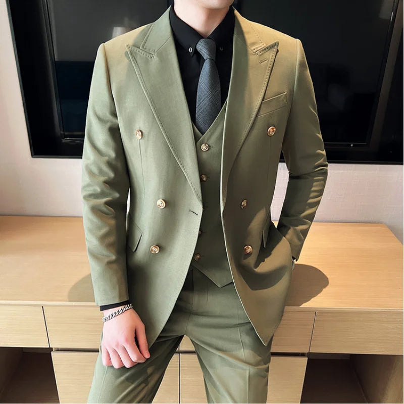 Bonsir (Jackets+Pants+Vest) High-quality Men's Double Breasted Elegant Fashion Suits 3 Pcs Set Olive green Casual Wedding Social Tuxedo